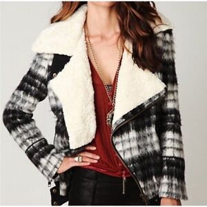 Free People Black and White Plaid Sherpa Wool Fuzzy Moto Jacket